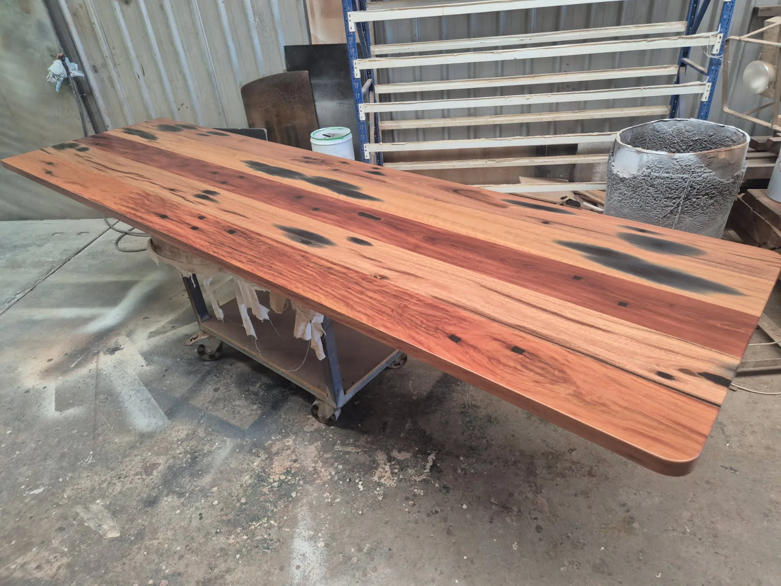 Finished custom Ironbark table in the workshop